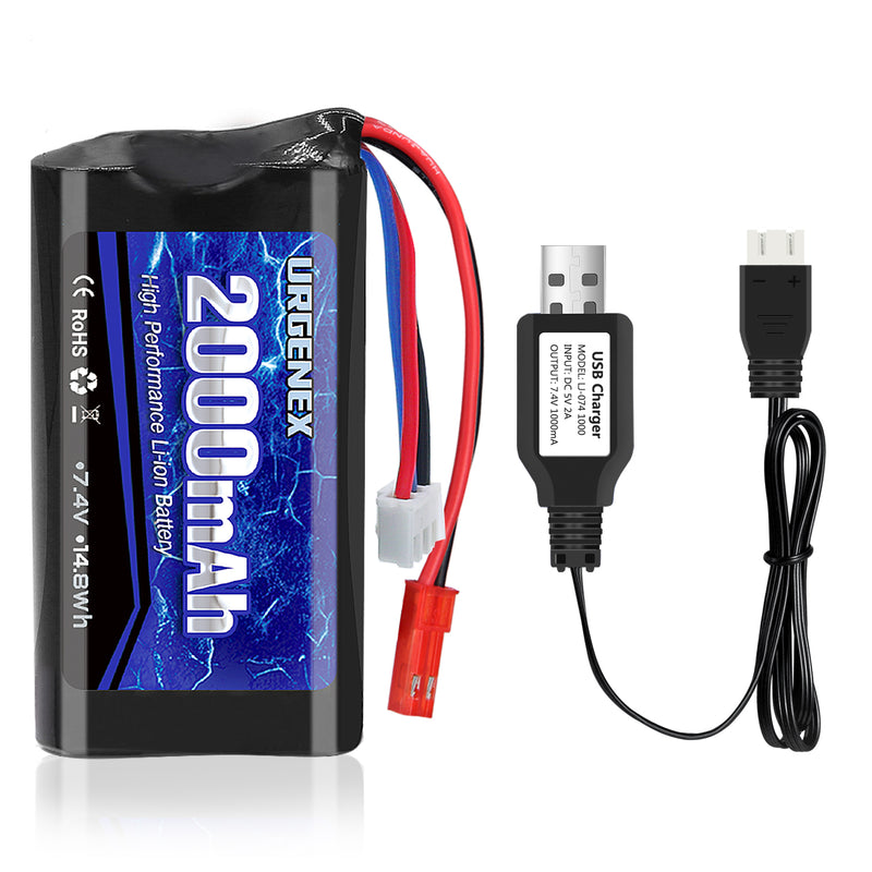Load image into Gallery viewer, URGENEX 2S RC Battery 2000mAh 7.4 V Li-ion Battery with JST Plug 2S Rechargeable RC Battery with USB Charger Fit for RC Helicopter Car Truck and RC Boats