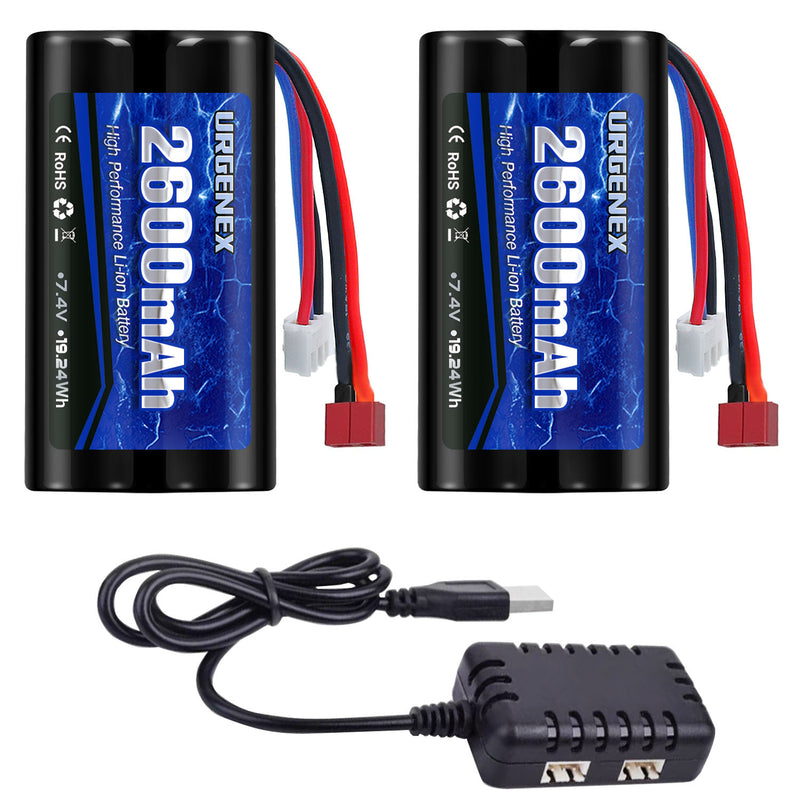Load image into Gallery viewer, URGENEX 2600mAh 7.4 V Li-ion Battery with Deans T Plug 2S Rechargeable RC Battery Fit for WLtoys 4WD High Speed RC Cars and Most 1/10, 1/12, 1/16 Scale RC Cars Trucks with 7.4V Battery Charger