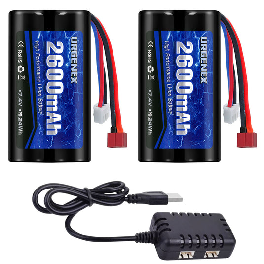 URGENEX 2600mAh 7.4 V Li-ion Battery with Deans T Plug 2S Rechargeable RC Battery Fit for WLtoys 4WD High Speed RC Cars and Most 1/10, 1/12, 1/16 Scale RC Cars Trucks with 7.4V Battery Charger