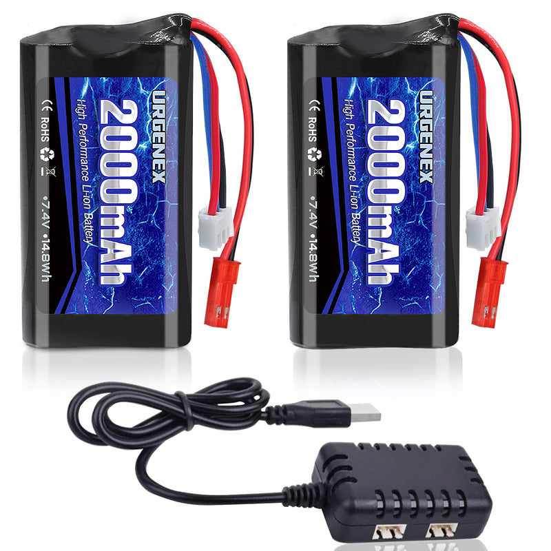 Load image into Gallery viewer, URGENEX 2S RC Battery 2000mAh 7.4 V Li-ion Battery with JST Plug 2S Rechargeable RC Battery with 1 to 2 USB Charger Fit for RC Helicopter Car Truck and RC Boats