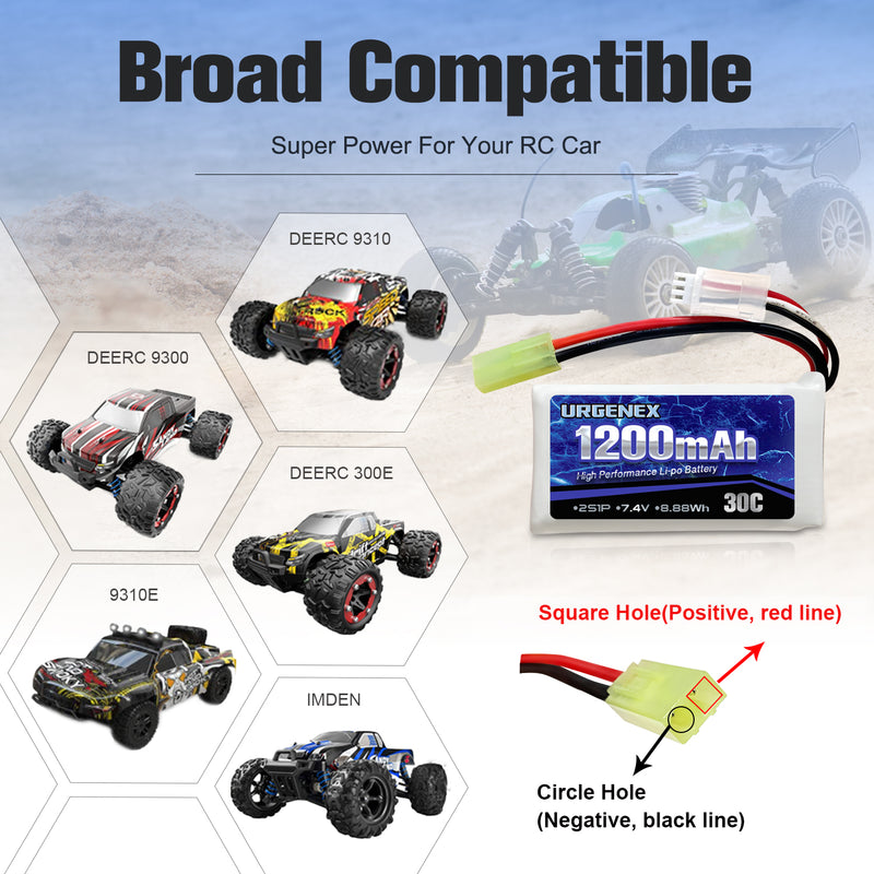 Load image into Gallery viewer, 7.4V Lipo Battery 1200mAh with Mini Tamiya Plug 2S 30C 8.88Wh Rechargeable Lipo Battery Campatibal with DEERC 302E/E300 1/18 Scale 9300 9310 300E RC Car Truck with USB Charger Cable 2 Pack