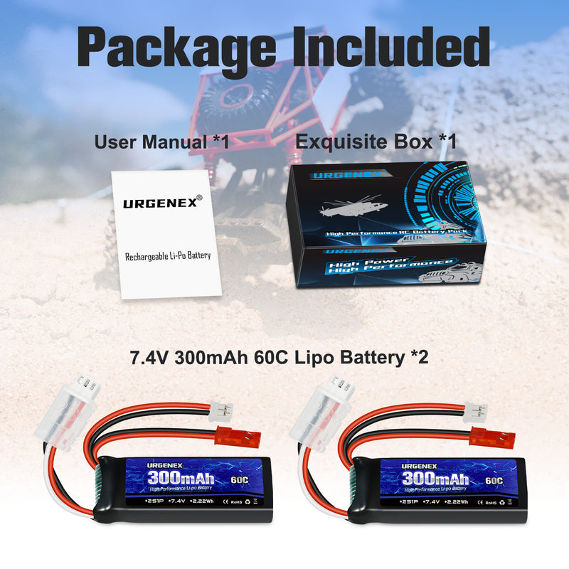 Load image into Gallery viewer, URGENEX SCX24 Battery 7.4V Lipos 2S 60C(Burst 120C) 300mAh Rechargeable Mini Lithium Battery with JST&PH2.0 Double Discharge Plug Fit for SCX24 RC Car WLtoys RC Truck Mini Battery Power for Airplane