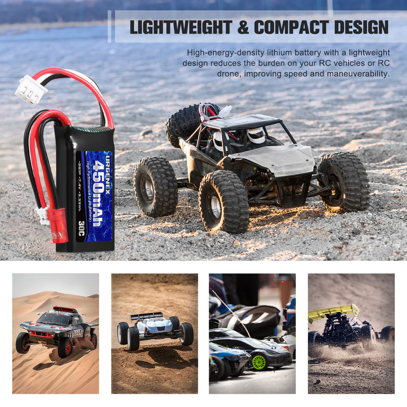 Load image into Gallery viewer, URGENEX 2S 30C 450mAh Rechargeable Light Lipo Battery with JST & PH2.0 Plug Low Internal Efficient Energy Fit for Most Mini Crawl Car SCX24 RC Car Truck And RC Drone Airplane