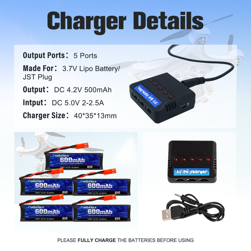 Load image into Gallery viewer, URGENEX 3.7V 600mAh RC Drone Battery with JST Plug for UDI