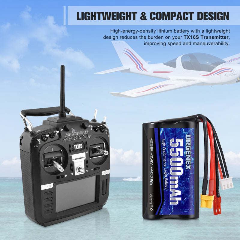 Load image into Gallery viewer, URGENEX TX16S Battery 5500mAh High Capacity 7.4V 2S Li-ion Battery with XT30&JST Dual Plug Fit for Boxer/TX16S Remote Controller, TX18S, RC4GS, RC6GS, TX12 RC Transmitter Compatible with RC Car Truck