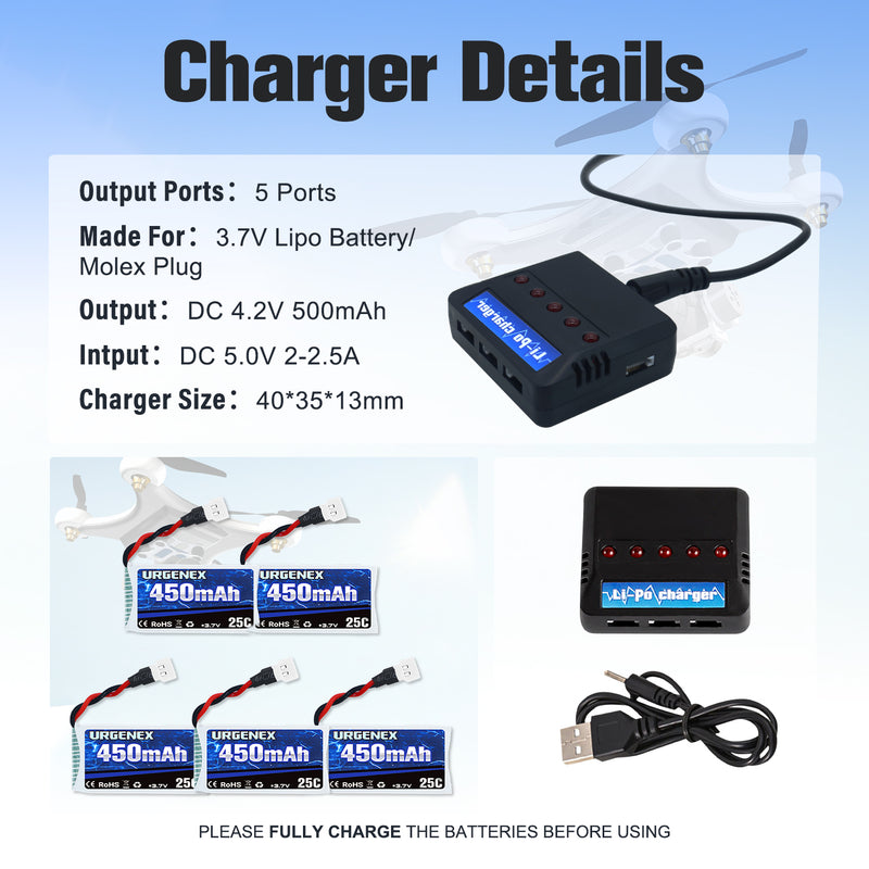 Load image into Gallery viewer, URGENEX 3.7V Drone Battery 450mAh 25C 1S Lipo Battery Fit for SYMA Holy Stone Drone Quadcopter Aircraft Parts 5PCS RC Battery with 5in1 Charger