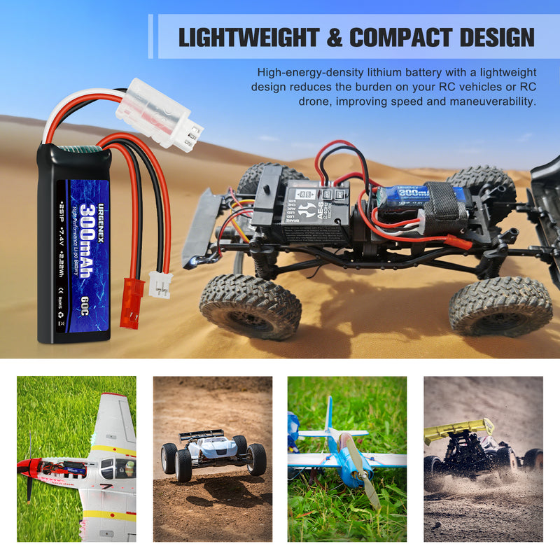 Load image into Gallery viewer, URGENEX SCX24 Battery 7.4V Lipos 2S 60C(Burst 120C) 300mAh Rechargeable Mini Lithium Battery with JST&PH2.0 Double Discharge Plug Fit for SCX24 RC Car WLtoys RC Truck and Most Airplane 1TO2 Charger