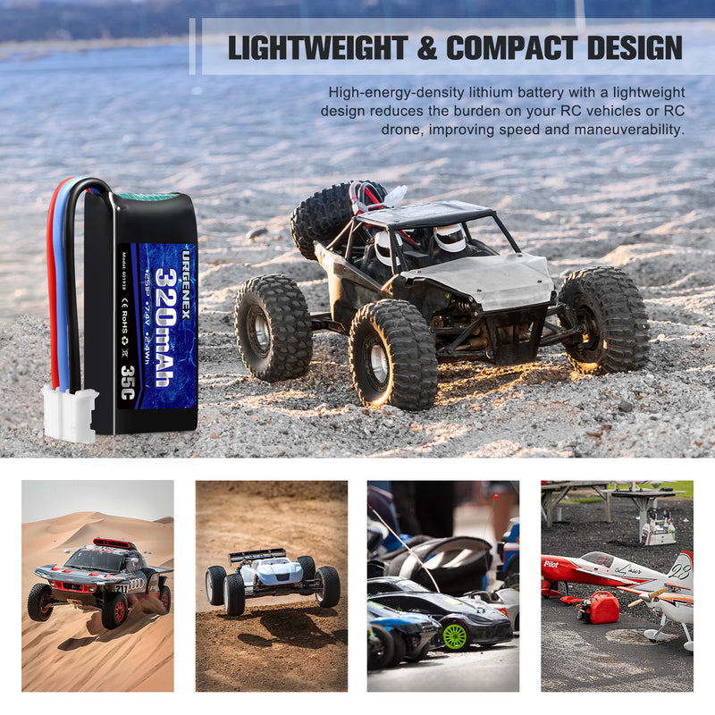 Load image into Gallery viewer, URGENEX 7.4V Lipo Battery 2S 35C 320mAh Rechargeable Lipo Battery PH2.0 3PIN Plug with USB Charger Cable Compatible with UMX 2S Airplane
