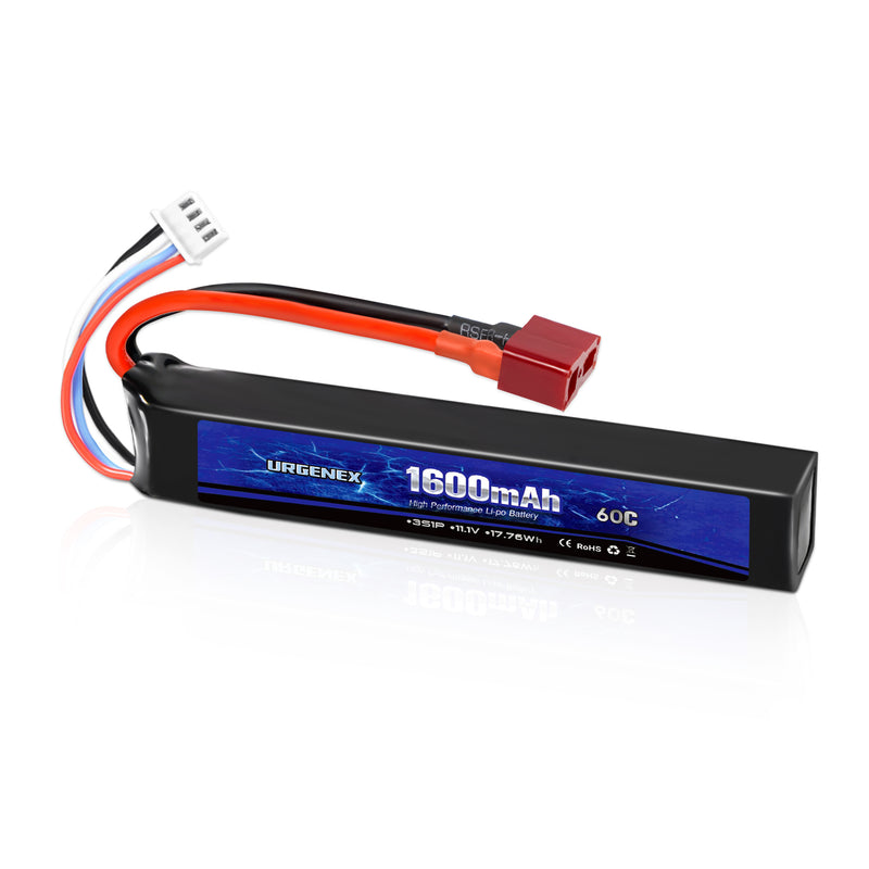 Load image into Gallery viewer, URGENEX Airsoft Battery 11.1V 1600mAh 60C High Discharge Rate Lipo Battery Pack with Deans T Plug Rechargeable 3S Lipo Battery for Airsoft Model Guns
