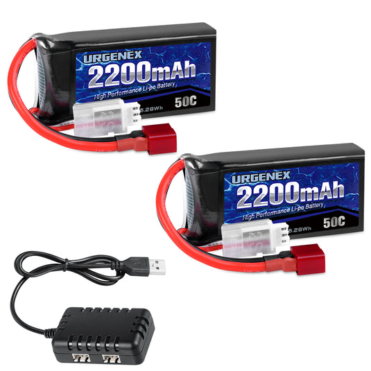 URGENEX 7.4V 2200mAh Lipo Battery 50C High Discharge Rate RC Batteries Deans T Plug with 1 to 2 USB Charger Charges quickly,  Great Runtime and Power Fit for RC Car Truggy, RC Airplane, FPV Drone, UAV Quadcopter and Helicopter