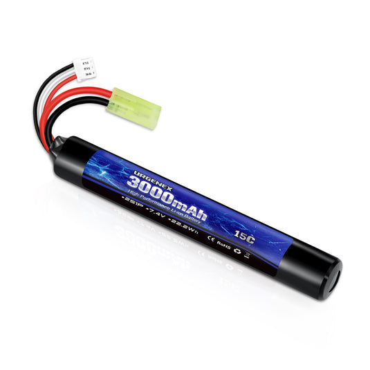 URGENEX 3000mAh Airsoft Battery 7.4V Stick Battery with Mini Tamiya Plug 2S Rechargeable Stick Shape RC Lithium-ion Fit for Most Airsoft Model Guns Rifles