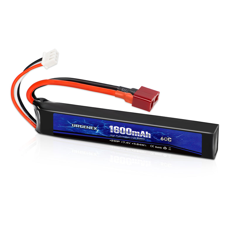 Load image into Gallery viewer, URGENEX Airsoft Battery 7.4V 1600mAh 60C High Discharge Rate Lipo Battery Pack with Deans T Plug Rechargeable 2S Lipo Battery for Airsoft Model Guns