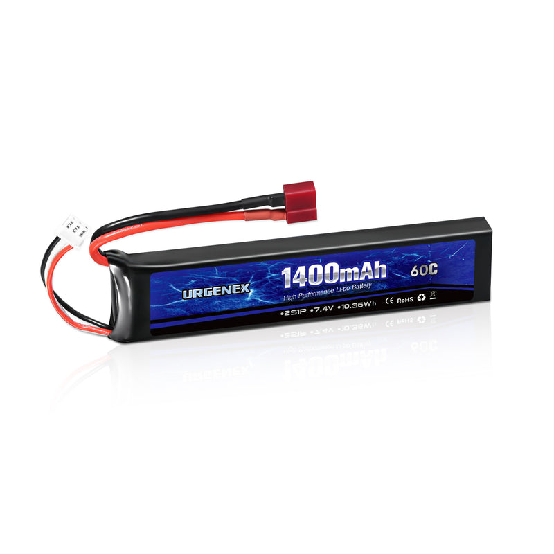 Load image into Gallery viewer, URGENEX Airsoft Battery 7.4V 1400mAh 60C High Discharge Rate Lipo Battery Pack with Deans T Plug Rechargeable 2S Lipo Battery for Airsoft Model Guns