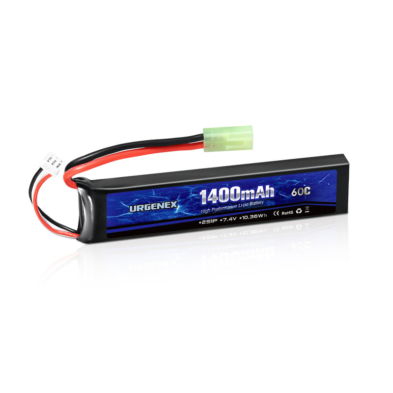 Load image into Gallery viewer, URGENEX Airsoft Battery 7.4V 1400mAh 60C High Discharge Rate Lipo Battery Pack with Mini Tamiya Plug Rechargeable 2S Lipo Battery for Airsoft Model Guns