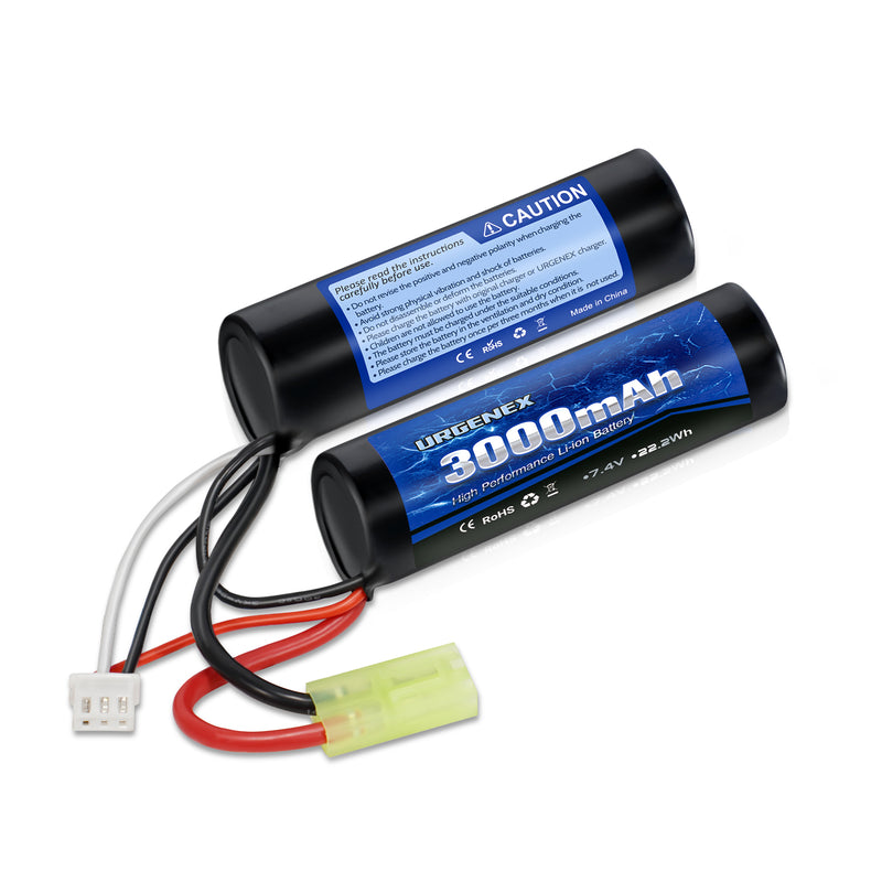 Load image into Gallery viewer, URGENEX 3000mAh Airsoft Battery 7.4V Nunchuck Battery with Mini Tamiya Plug 2S Rechargeable Stick Shape Butterfly Battery Fit for Most Airsoft Model Guns Rifles