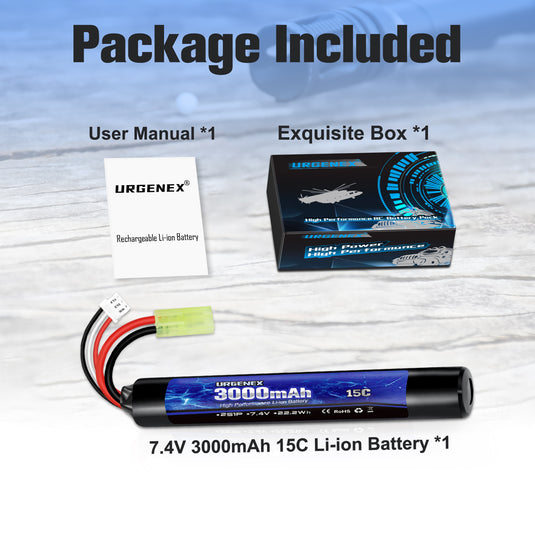 URGENEX 3000mAh Airsoft Battery 7.4V Stick Battery with Mini Tamiya Plug 2S Rechargeable Stick Shape RC Lithium-ion Fit for Most Airsoft Model Guns Rifles