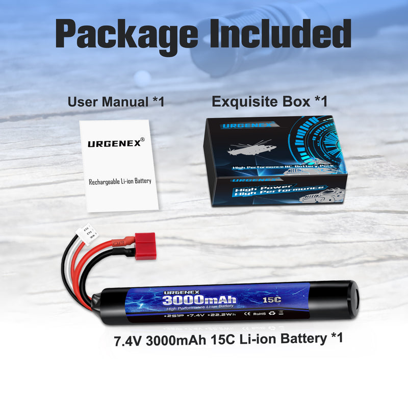 Load image into Gallery viewer, URGENEX 3000mAh Airsoft Battery 7.4V Stick Battery with Deans T Plug 2S Rechargeable Stick Shape RC Lithium-ion Fit for Most Airsoft Model Guns Rifles