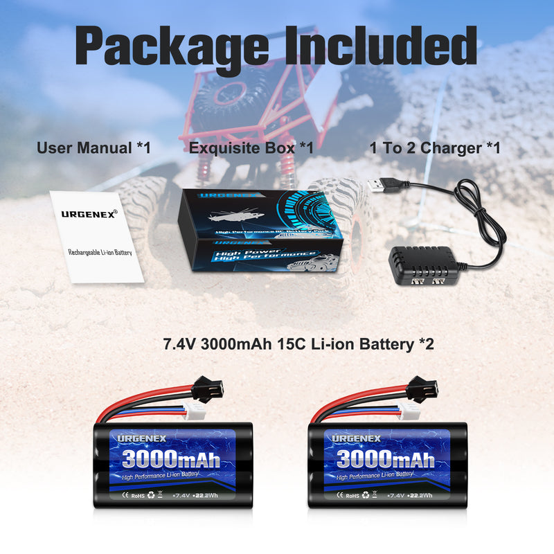 Load image into Gallery viewer, URGENEX 3000mAh 7.4V Li-ion Battery with SM-2P Plug 2S Rechargeable RC Battery Compatible with Most WPL MN RC Cars Trucks and H101 RC Boat High Capacity RC batteries with 7.4V 1 To 2 USB Charger