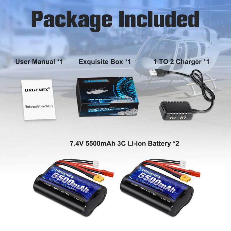 Load image into Gallery viewer, URGENEX TX16S Battery 5500mAh High Capacity 7.4V 2S Li-ion Battery with XT30&JST Dual Plug Fit for Boxer/TX16S Remote Controller, TX18S, RC4GS, RC6GS, TX12 RC Transmitter Compatible with RC Car Truck