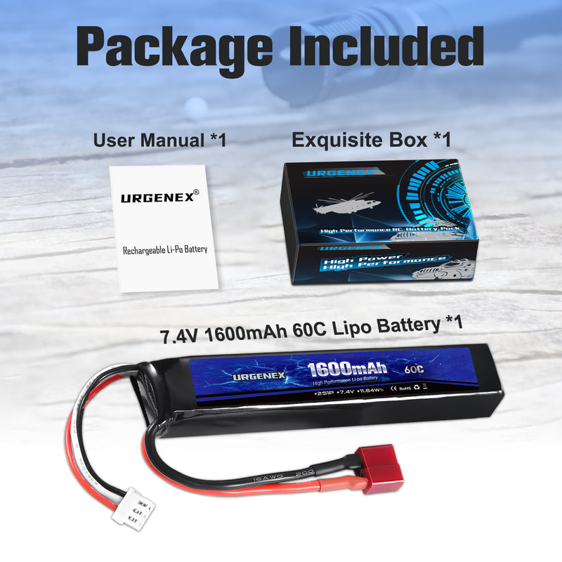 Load image into Gallery viewer, URGENEX Airsoft Battery 7.4V 1600mAh 60C High Discharge Rate Lipo Battery Pack with Deans T Plug Rechargeable 2S Lipo Battery for Airsoft Model Guns