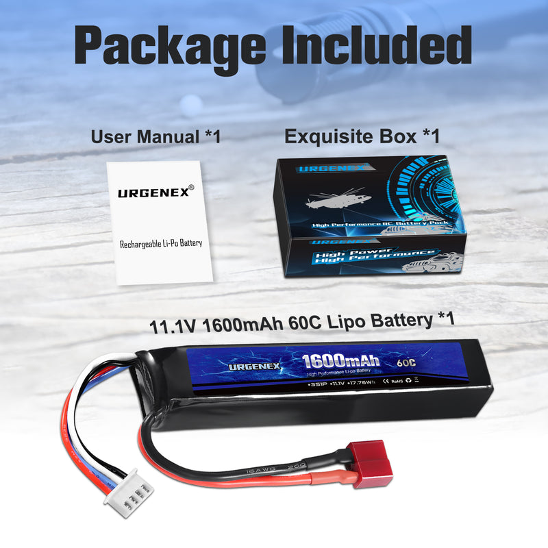 Load image into Gallery viewer, URGENEX Airsoft Battery 11.1V 1600mAh 60C High Discharge Rate Lipo Battery Pack with Deans T Plug Rechargeable 3S Lipo Battery for Airsoft Model Guns
