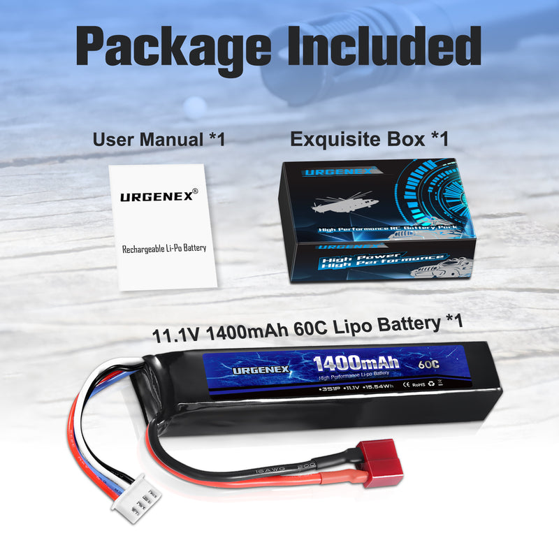 Load image into Gallery viewer, URGENEX Airsoft Battery 11.1V 1400mAh 60C High Discharge Rate Lipo Battery Pack with Deans T Plug Rechargeable 3S Lipo Battery for Airsoft Model Guns
