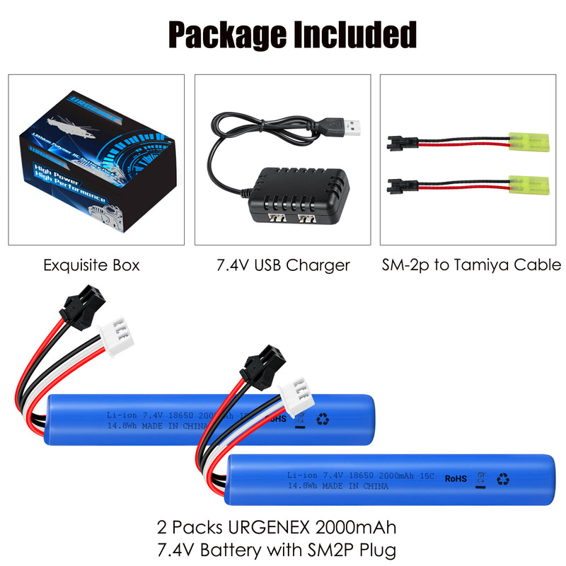 Load image into Gallery viewer, URGENEX Airsoft Battery 7.4V 2000mAh High Capacity Splatter Ball Gun Battery Pack with SM2P Plug and Mini Tamiya Plug Cable Fit for SRB1200, SRB400, SRB400-SUB, MP5K, M4, M110 Airsoft Gun Toy