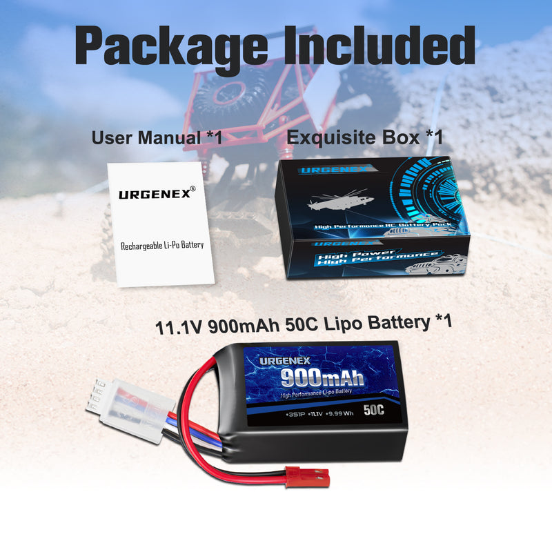 Load image into Gallery viewer, URGENEX 11.1V 900mAh Lipo Battery 3S 50C High Discharge Rate RC Battery Pack with JST Plug Rechargeable Lipos for RC Airplane Racing Drone Helicopter Quadcopter Micro FPV RC Car Truck Boat