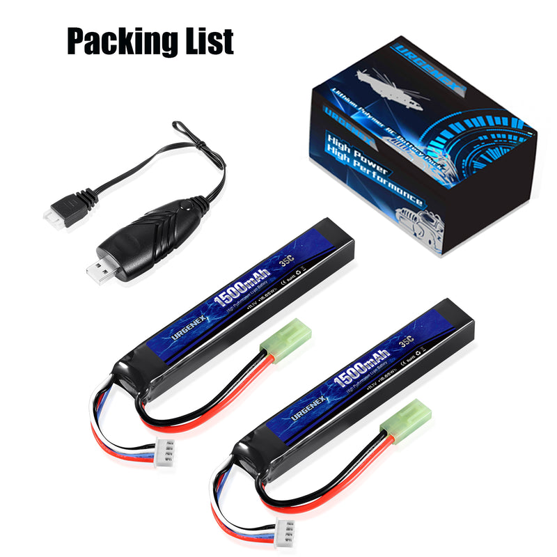 Load image into Gallery viewer, URGENEX Airsoft Battery 11.1V 1500mAh 35C High Discharge Rate Lipo Battery Pack with Mini Tamiya Plug Rechargeable 3S Lipo Battery for Airsoft Model Guns