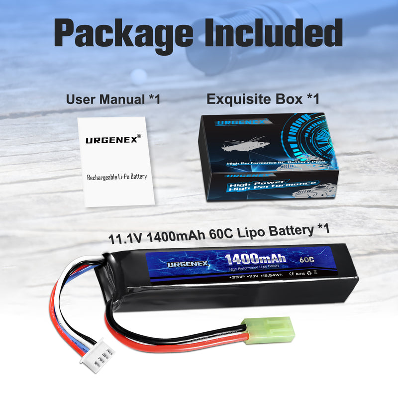 Load image into Gallery viewer, URGENEX Airsoft Battery 11.1V 1400mAh 60C High Discharge Rate Lipo Battery Pack with Mini Tamiya Plug Rechargeable 3S Lipo Battery for Airsoft Model Guns
