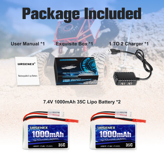 URGENEX 2S 7.4 V 1000 mAh 35C Rechargeable RC Lipo Battery With JST Plug Compatible With WLtoys RC Cars A949 A959 A969 A979 K929、1/14 Scale Brushless Racing RC Truck And WLtoys V262, V333, V353B, V666, Q212 and Other RC Helicopters