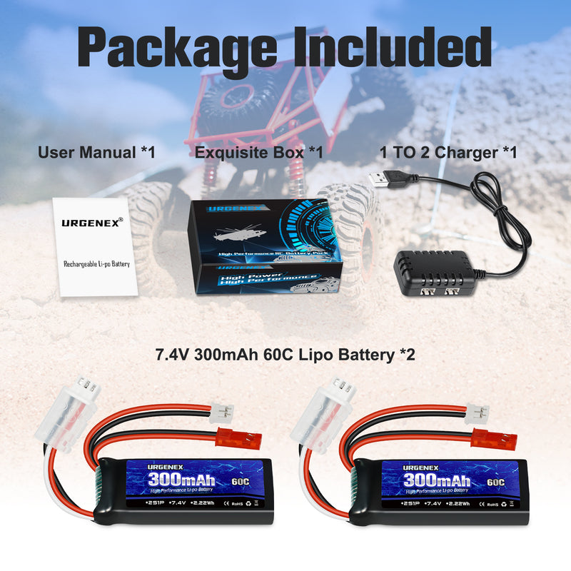 Load image into Gallery viewer, URGENEX SCX24 Battery 7.4V Lipos 2S 60C(Burst 120C) 300mAh Rechargeable Mini Lithium Battery with JST&PH2.0 Double Discharge Plug Fit for SCX24 RC Car WLtoys RC Truck and Most Airplane 1TO2 Charger