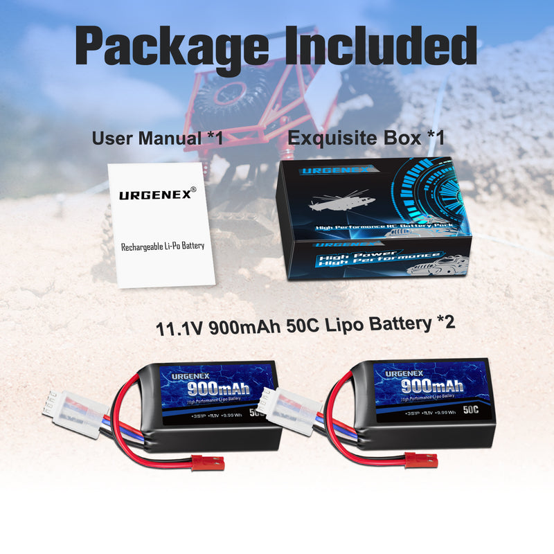 Load image into Gallery viewer, URGENEX 11.1V 900mAh Lipo Battery 3S 50C High Discharge Rate RC Battery Pack with JST Plug Rechargeable Lipos for RC Airplane Racing Drone Helicopter Quadcopter Micro FPV RC Car Truck Boat