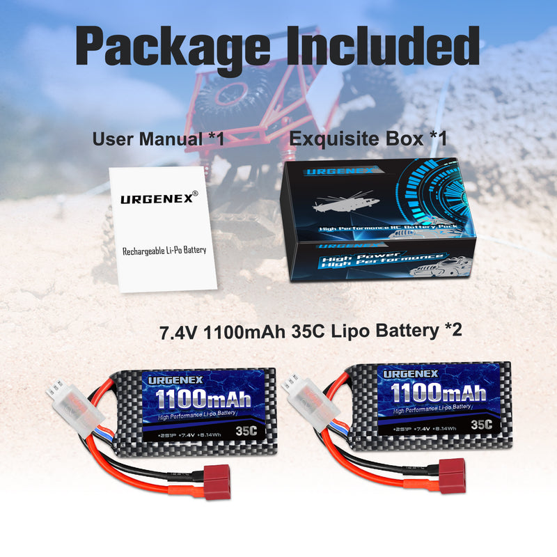 Load image into Gallery viewer, URGENEX 7.4V 1100mAh 2S 35C RC LiPo Battery with DeansT Plug
