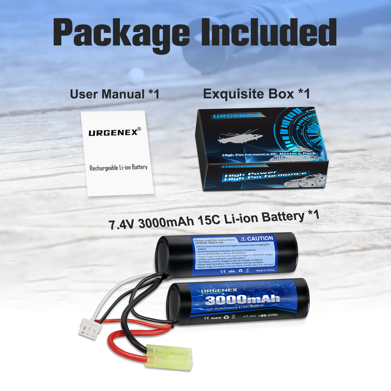 Load image into Gallery viewer, URGENEX 3000mAh Airsoft Battery 7.4V Nunchuck Battery with Mini Tamiya Plug 2S Rechargeable Stick Shape Butterfly Battery Fit for Most Airsoft Model Guns Rifles