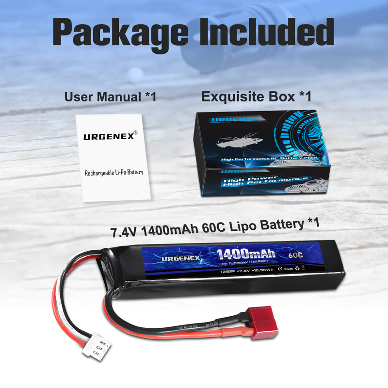 Load image into Gallery viewer, URGENEX Airsoft Battery 7.4V 1400mAh 60C High Discharge Rate Lipo Battery Pack with Deans T Plug Rechargeable 2S Lipo Battery for Airsoft Model Guns