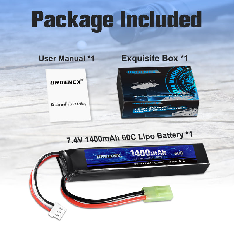 Load image into Gallery viewer, URGENEX Airsoft Battery 7.4V 1400mAh 60C High Discharge Rate Lipo Battery Pack with Mini Tamiya Plug Rechargeable 2S Lipo Battery for Airsoft Model Guns