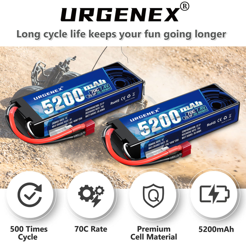 Load image into Gallery viewer, URGENEX 7.4V 5200mAh Lipo Battery 2S 70C High Discharge Rate RC Batteries with Deans T Plug Fit for RC Car Truck, RC Airplane, FPV Drone, UAV Quadcopter and Helicopter