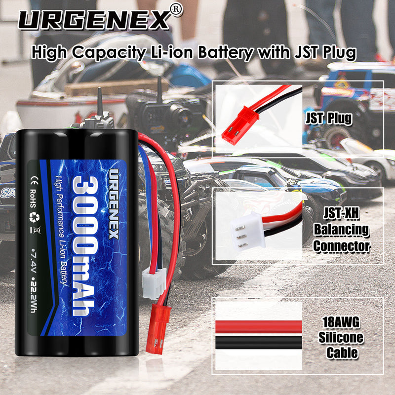 Load image into Gallery viewer, URGENEX 3000mAh 7.4 V Li-ion Battery with JST Plug 2S Rechargeable High Capacity RC Battery with 1 to 2 USB Charger Fit for RC Helicopter Car Truck and RC Boats