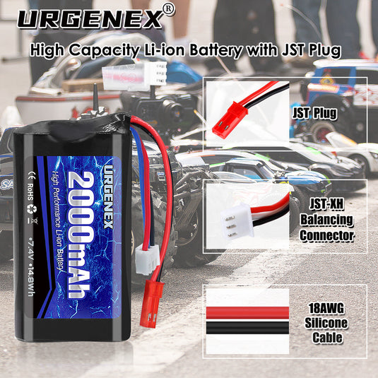 URGENEX 2S RC Battery 2000mAh 7.4 V Li-ion Battery with JST Plug 2S Rechargeable RC Battery with 1 to 2 USB Charger Fit for RC Helicopter Car Truck and RC Boats