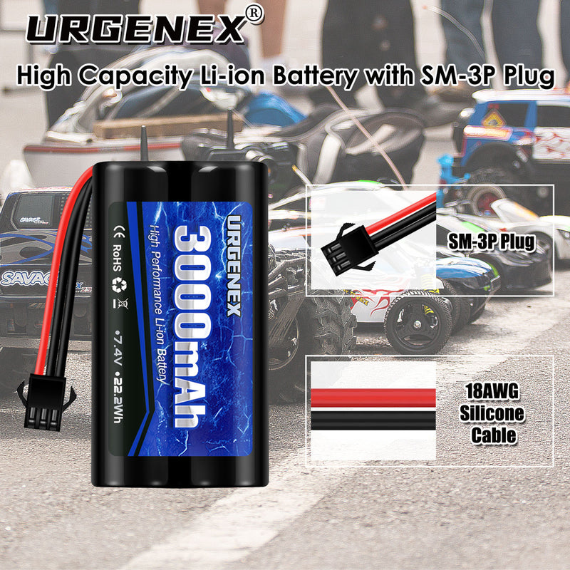 Load image into Gallery viewer, URGENEX 2S RC Battery 3000mAh 7.4V Li-ion Battery with SM3P Plug 2S Rechargeable RC Battery with 2 USB Chargers Fit for RC Toys RC Car Truck and RC Tank
