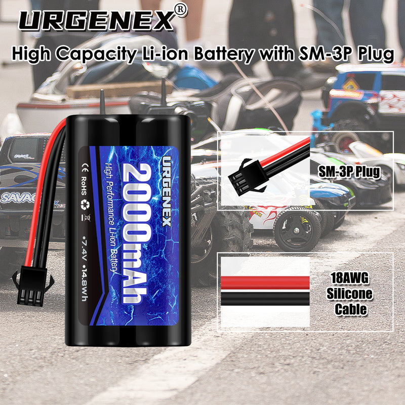 Load image into Gallery viewer, URGENEX 2S RC Battery 2000mAh 7.4V Li-ion Battery with SM3P Plug 2S Rechargeable RC Battery with 2 USB Chargers Fit for RC Toys RC Car Truck and RC Tank