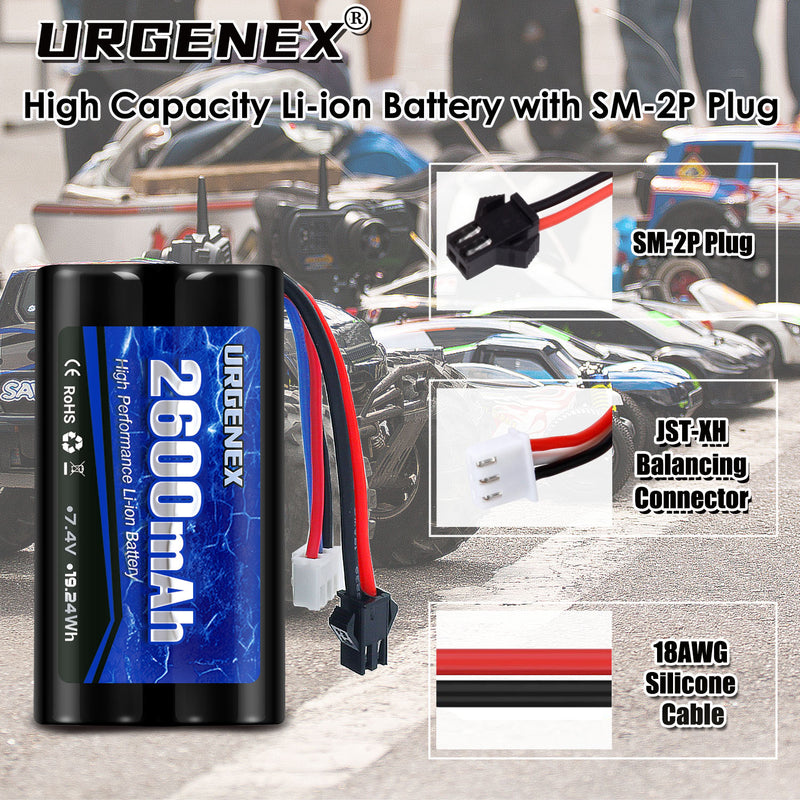 Load image into Gallery viewer, URGENEX 2600mAh 7.4V Li-ion Battery with SM-2P Plug 2S Rechargeable RC Battery Compatible with Most WPL MN RC Cars Trucks and H101 RC Boat High Capacity RC Batteries with 7.4V 1 to 2 USB Charger