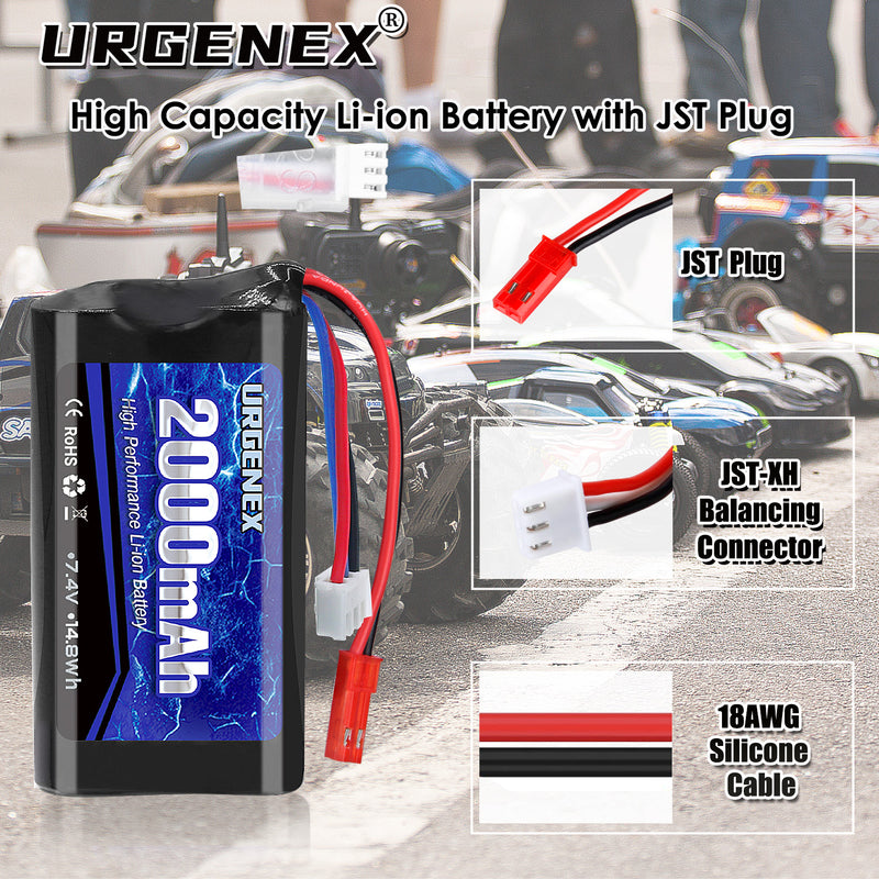 Load image into Gallery viewer, URGENEX 2S RC Battery 2000mAh 7.4 V Li-ion Battery with JST Plug 2S Rechargeable RC Battery with USB Charger Fit for RC Helicopter Car Truck and RC Boats