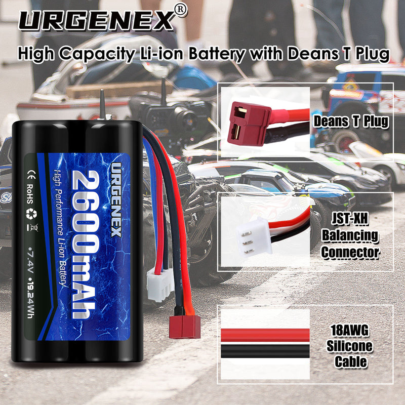 Load image into Gallery viewer, URGENEX 2600mAh 7.4 V Li-ion Battery with Deans T Plug 2S Rechargeable RC Battery Fit for WLtoys 4WD High Speed RC Cars and Most 1/10, 1/12, 1/16 Scale RC Cars Trucks with 7.4V Battery Charger