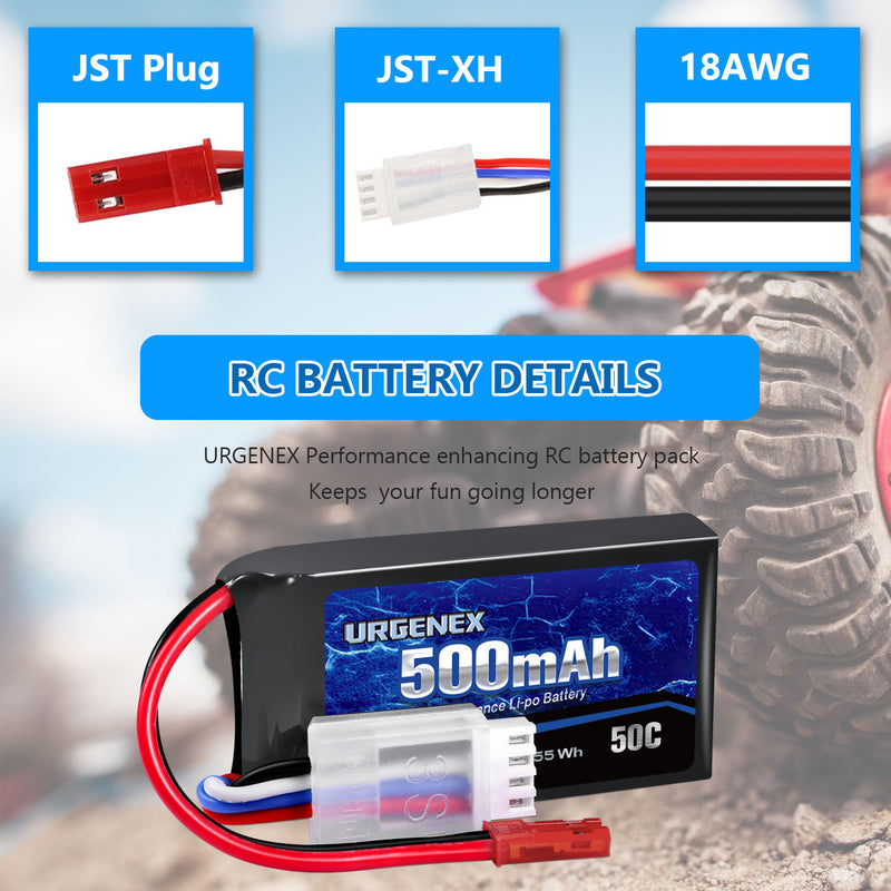 Load image into Gallery viewer, URGENEX 11.1V 500mAh Lipo Battery 3S 50C High Discharge Rate RC Battery Pack with JST Plug Rechargeable Lipos for RC Airplane Racing Drone Helicopter Quadcopter Micro FPV RC Car Truck Boat (2 Packs)