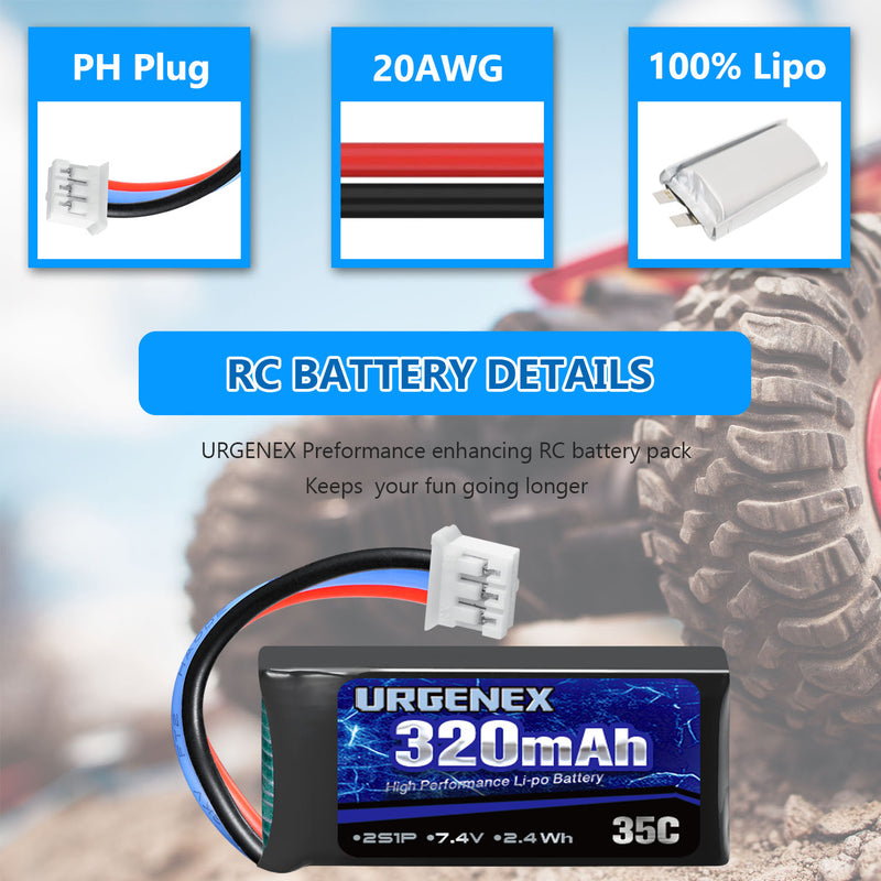 Load image into Gallery viewer, URGENEX 7.4V Lipo Battery 2S 35C 320mAh Rechargeable Lipo Battery with PH2.0 3PIN Plug Compatible with UMX 2S Airplane