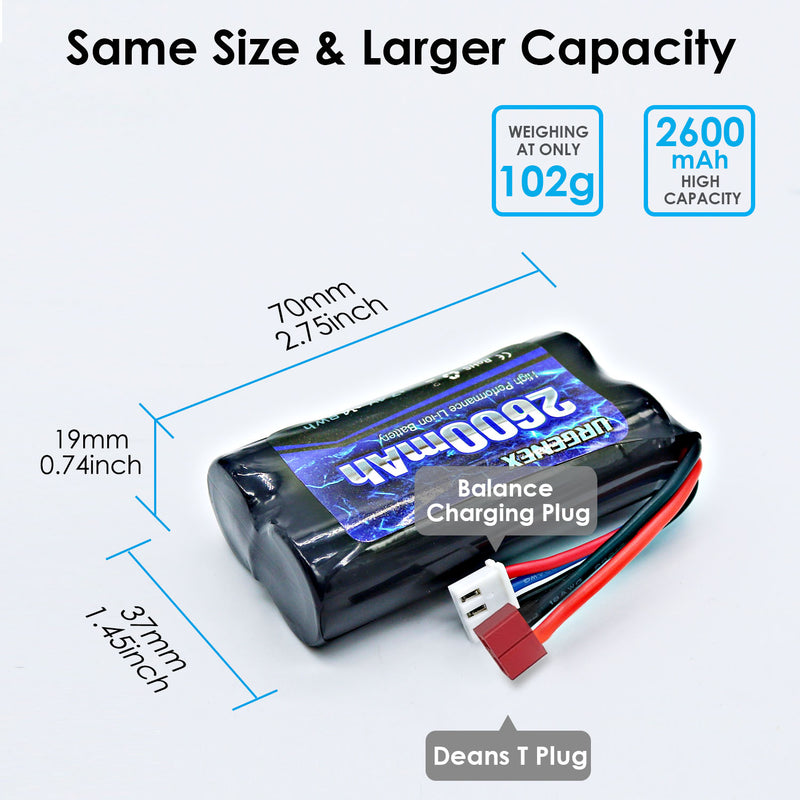 Load image into Gallery viewer, URGENEX 2600mAh 7.4 V Li-ion Battery with Deans T Plug 2S Rechargeable RC Battery Fit for WLtoys 4WD High Speed RC Cars and Most 1/10, 1/12, 1/16 Scale RC Cars Trucks with 7.4V Battery Charger