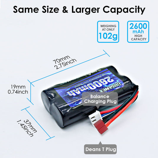 URGENEX 2600mAh 7.4 V Li-ion Battery with Deans T Plug 2S Rechargeable RC Battery Fit for WLtoys 4WD High Speed RC Cars and Most 1/10, 1/12, 1/16 Scale RC Cars Trucks with 7.4V Battery Charger