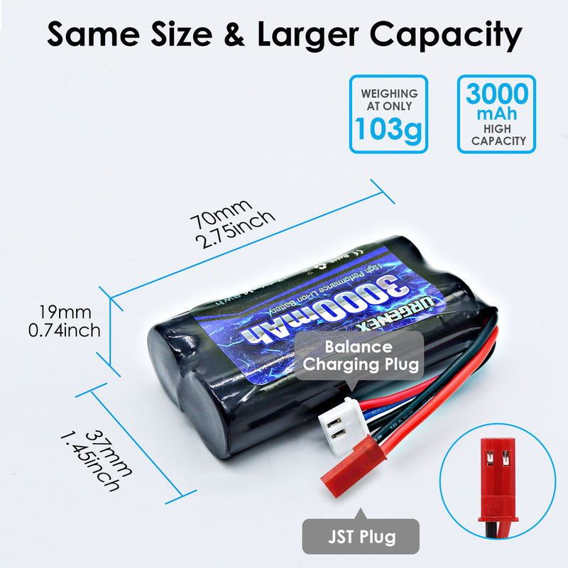 Load image into Gallery viewer, URGENEX 3000mAh 7.4 V Li-ion Battery with JST Plug 2S Rechargeable High Capacity RC Battery with 1 to 2 USB Charger Fit for RC Helicopter Car Truck and RC Boats